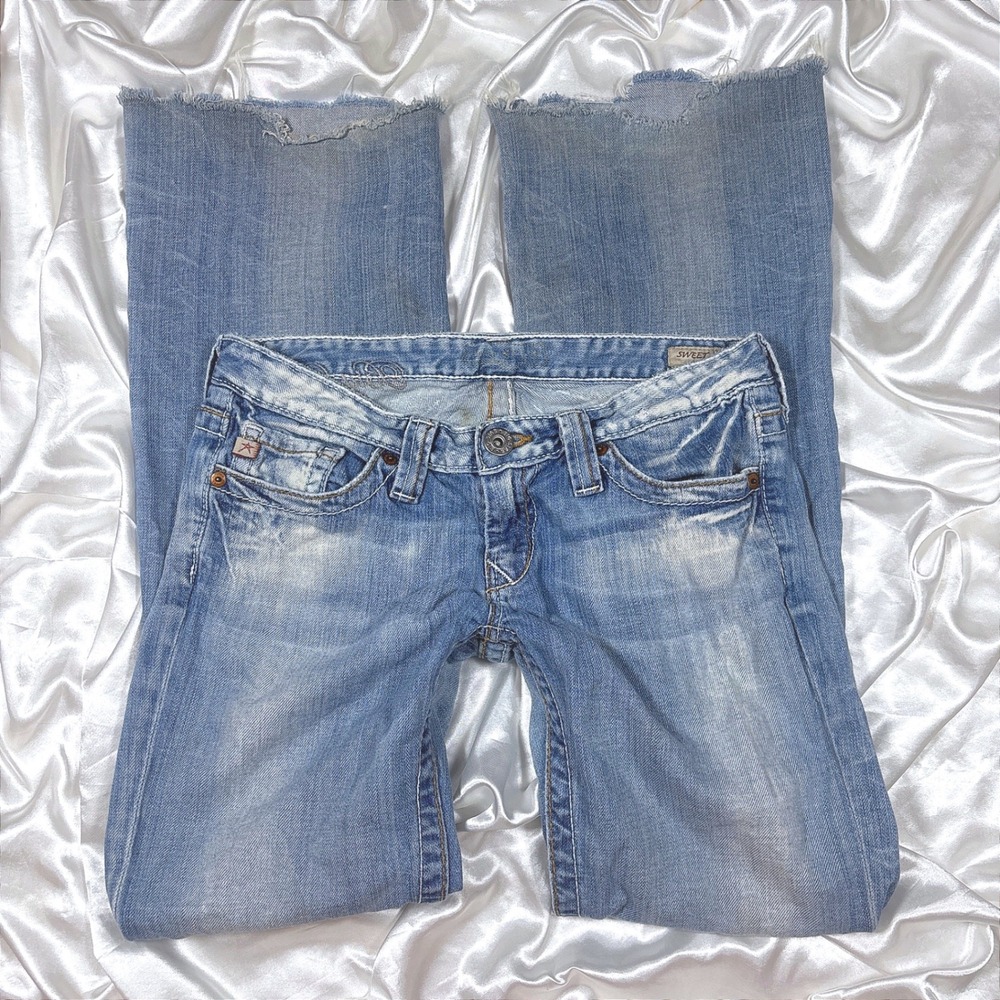 y2k Big Star Sweet Low Boot Jeans Blue Fair Distressed Embroidered Flap Pocket